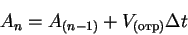 \begin{displaymath}
A_n = A_{(n-1)} + V_{(отр)}\Delta t
\end{displaymath}